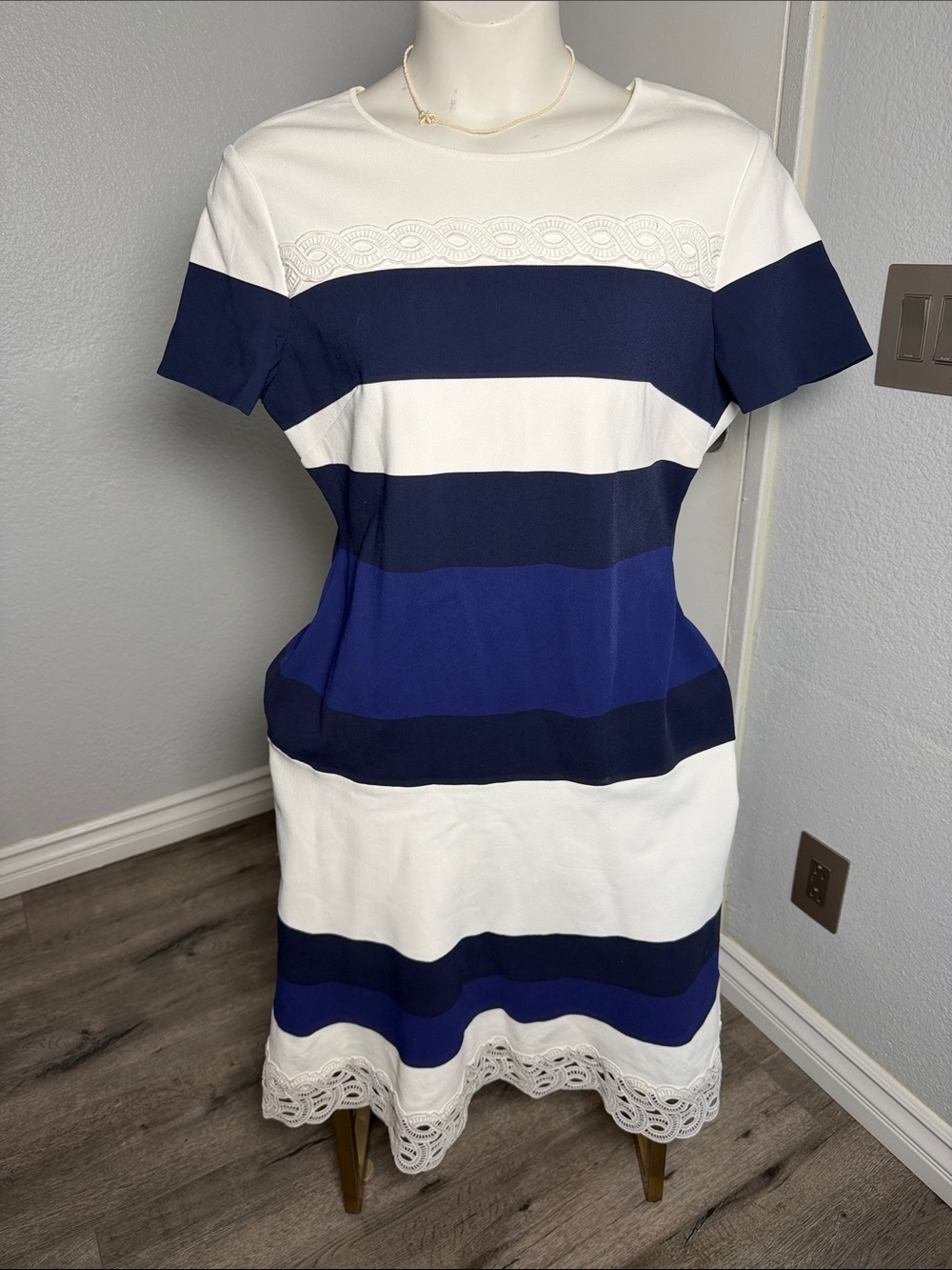 St. John Navy, Royal Blue & White Striped Short Sleeve Knit Dress with Lace Trim